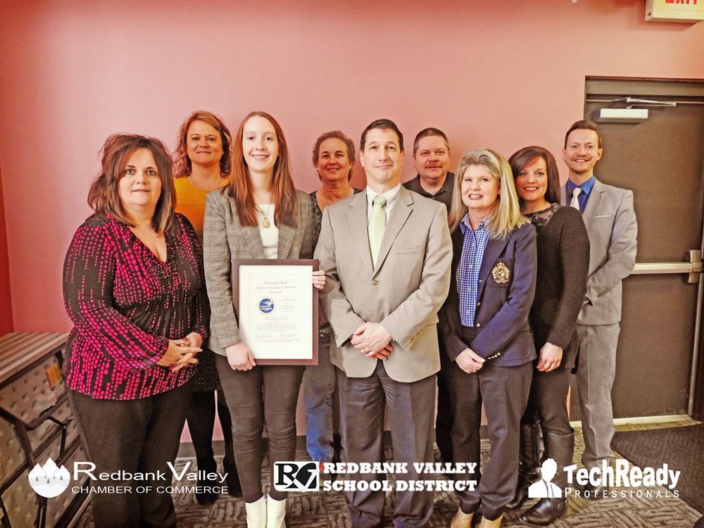 RV Chamber Board of Directors along with RV School District Superintendent Dr. John Mastillo present Junior Chamber Member Rachel Niccolai with award.